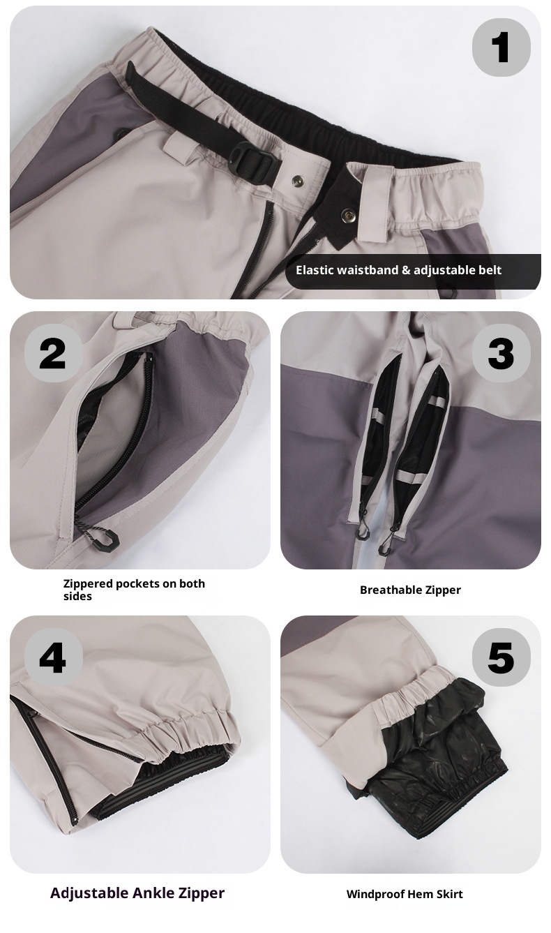 001 Damen-Snowboardhose mit Bündchen, locker geschnitten, wasserdicht, atmungsaktiv, warm, farblich abgesetzt, Arbeitshose, Schneehose für Herren, Outdoor-Skibekleidung_voghion.com