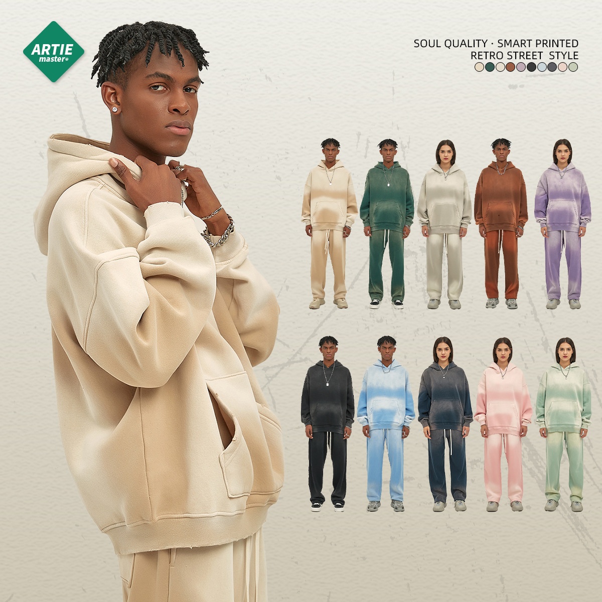 Abbigliamento da uomo ARTIE | Autunno Inverno 2025 Nuovo Colore Solido Foderato in Pile Ispessito 360g Tinto a Spruzzo Vintage Con Cappuccio_voghion.com