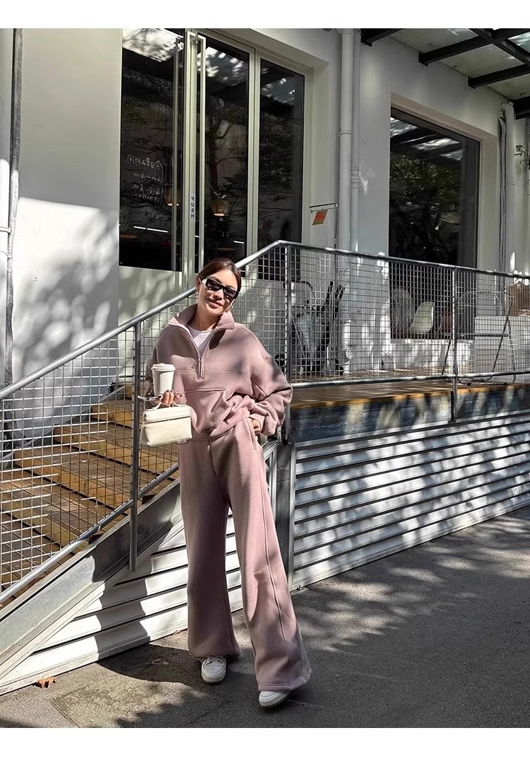 001 Casual sportpak voor dames, herfst/winter 2024 Nieuwe losse korte jas en wijde pijpen tweedelig set, rechte pijpen_voghion.com