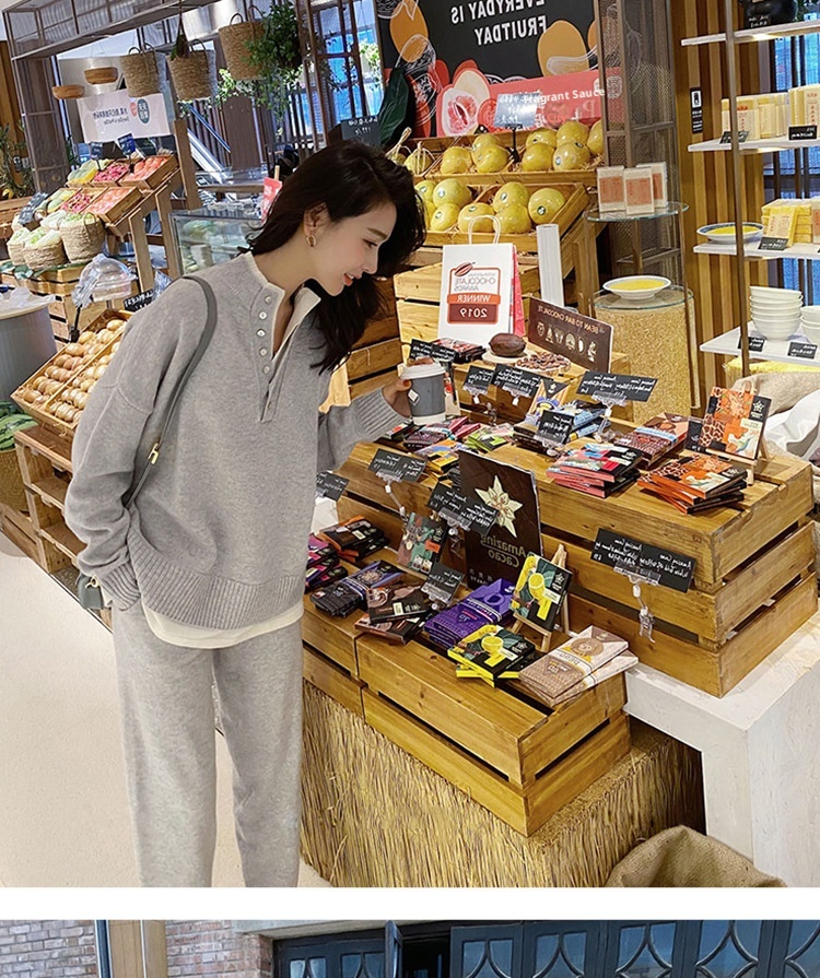 Ensemble deux pièces automne-hiver 001 : pull ample décontracté style européen pour femme, pantalon large et coupe sportive._voghion.com