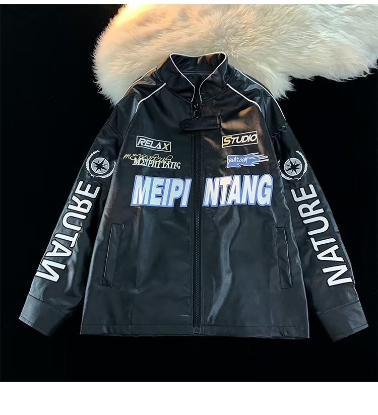 QFV507045555501<2 Veste bomber rétro américaine tendance en cuir PU pour homme, style baseball, printemps-automne._voghion.com