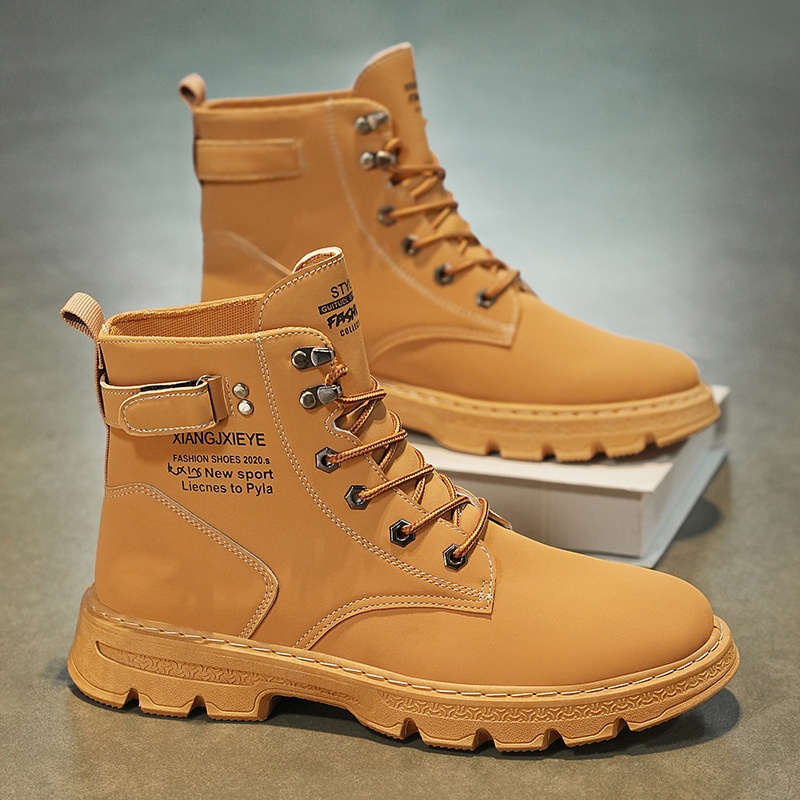 ShoeGlobe Herren Herbst/Winter Neue Mode Outdoor High-Top Martin Jugend Trend Dicksohle Gelbe Wanderschuhe Arbeitsschuhe_voghion.com