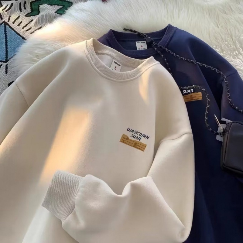 boy Boy 2024 American Style Cool Retro Heavyweight Crew Neck Sweatshirt For Men Autumn Winter Fleece Loose Trendy Brand Handsome_voghion.com