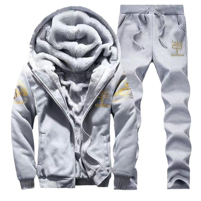 001 Cross-Border Plus Size 2023 Winter Fleece-Lined Thickened Men's Casual Sports Two-Piece Set Youth Korean Version Hooded_voghion.com