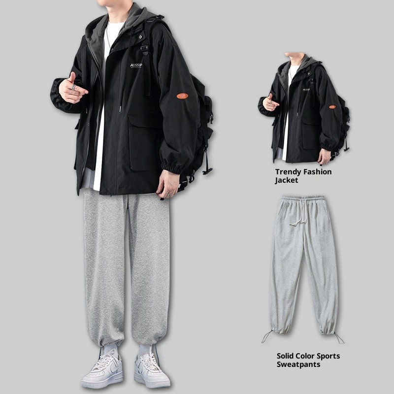 001 Herbstlicher zweiteiliger Herren-Windbreaker, lässiger Sportanzug mit lockerer Passform_voghion.com