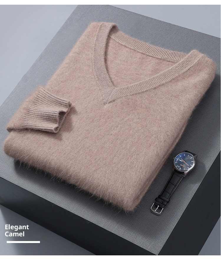 1 2023 Autumn Winter New Mink Men's V-Neck Loose Solid Color Pullover Wool Base Knitwear Cashmere Sweater_voghion.com