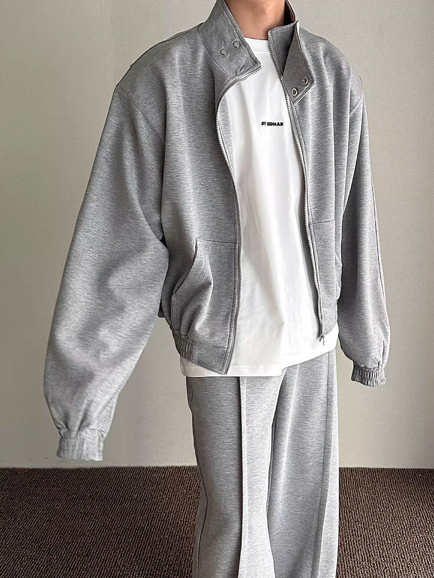 001 Felpa con collo alto, imbottita, stile casual, ampia, stile coreano, 2024, autunno, due pezzi, sportiva, tinta unita, alla moda_voghion.com