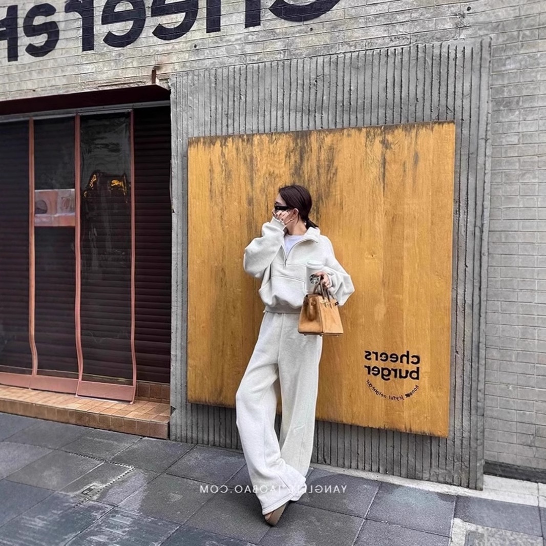 001 Casual sportpak voor dames, herfst/winter 2024 Nieuwe losse korte jas en wijde pijpen tweedelig set, rechte pijpen_voghion.com
