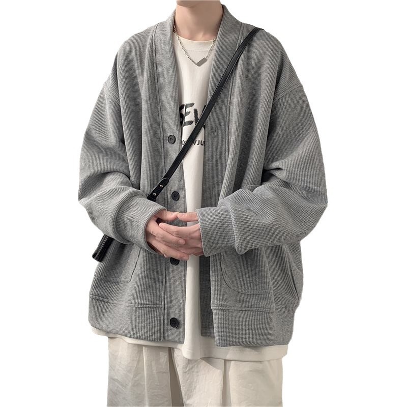 Jungen-Cardigan für Frühling und Herbst, schwere Ausführung, V-Ausschnitt, Waffelpiqué, locker geschnitten, trendige Marke, vielseitiger amerikanischer Stil_voghion.com