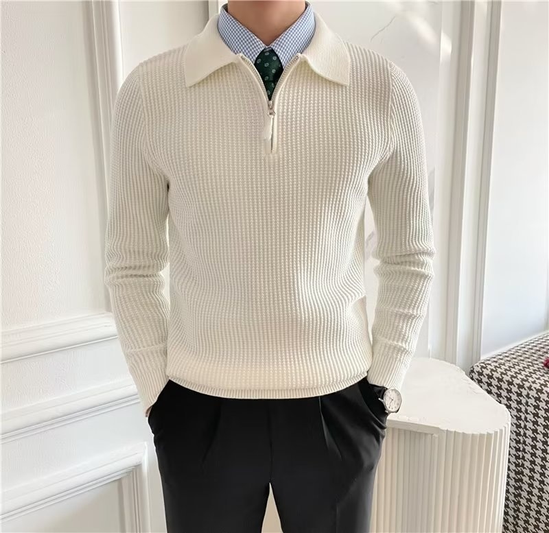 1 Design Sense Turn-down Collar Knitted Men Polo Half Zipper 22 Autumn Winter New Korean Version Loose Heavyweight Sweater_voghion.com
