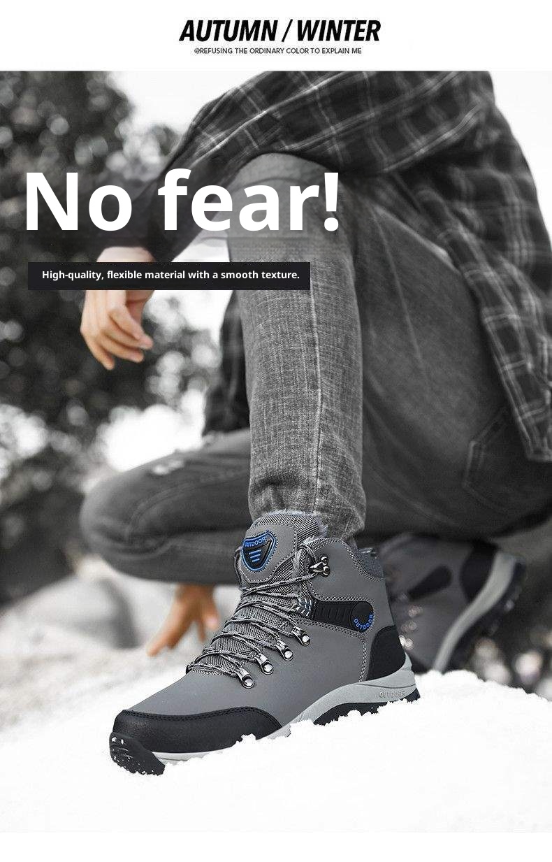 ShoeGlobe Winter Cotton Shoes With Fleece Lining, Warm Hiking Shoes, Men's Outdoor Waterproof Thickened High-top Non-slip_voghion.com