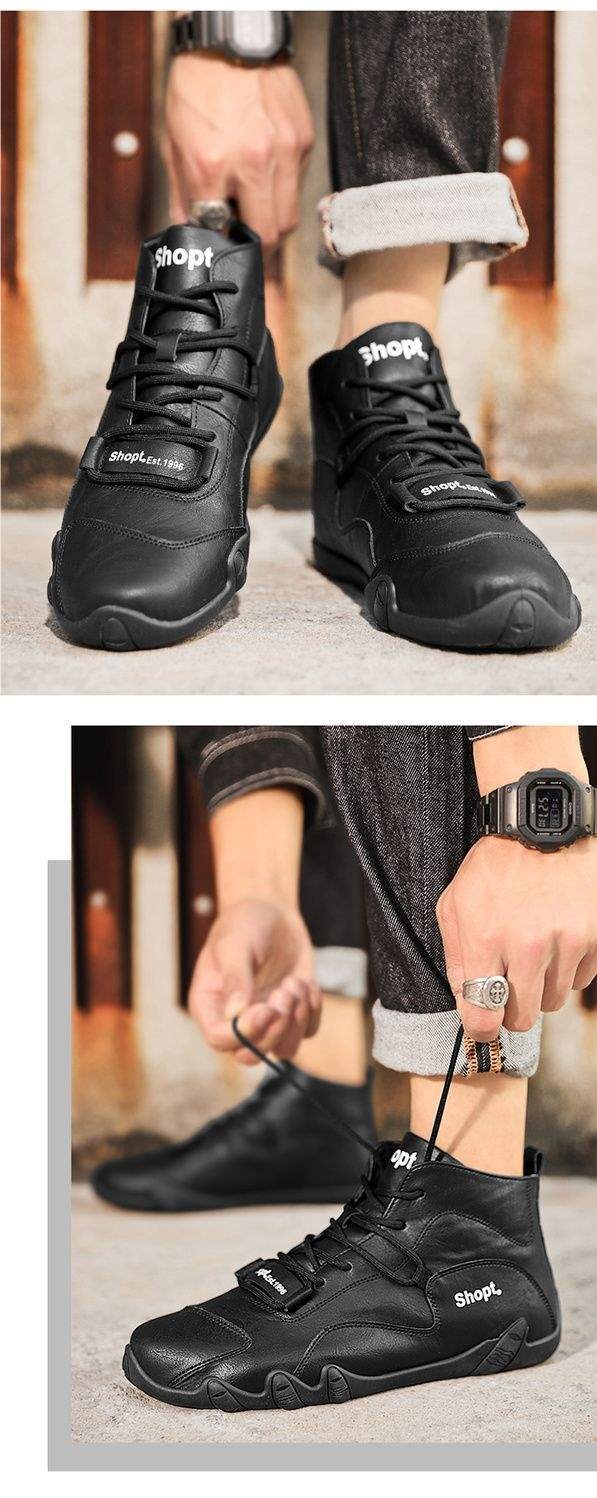 ShoeGlobe Men's Autumn Winter High-top Outdoor Hiking Waterproof Non-slip Leather Work Safety Martin Boots Trendy Fleece-lined_voghion.com