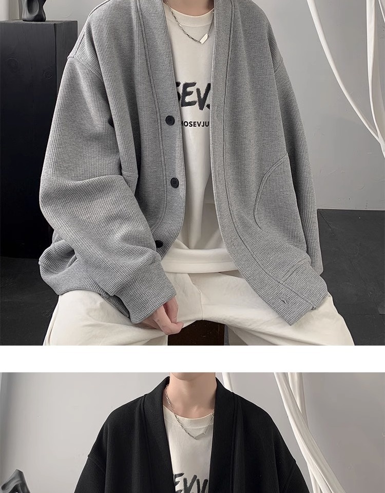 Jungen-Cardigan für Frühling und Herbst, schwere Ausführung, V-Ausschnitt, Waffelpiqué, locker geschnitten, trendige Marke, vielseitiger amerikanischer Stil_voghion.com