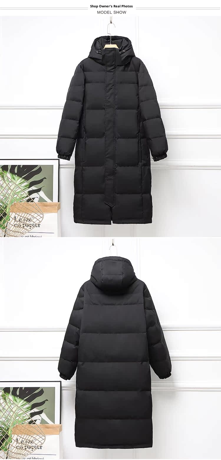 Doudoune ChicShe Zhongxi noire pour femme, extra longue, au-dessus du genou, épaisse, coupe ample, capuche amovible, nouveau modèle 2024._voghion.com