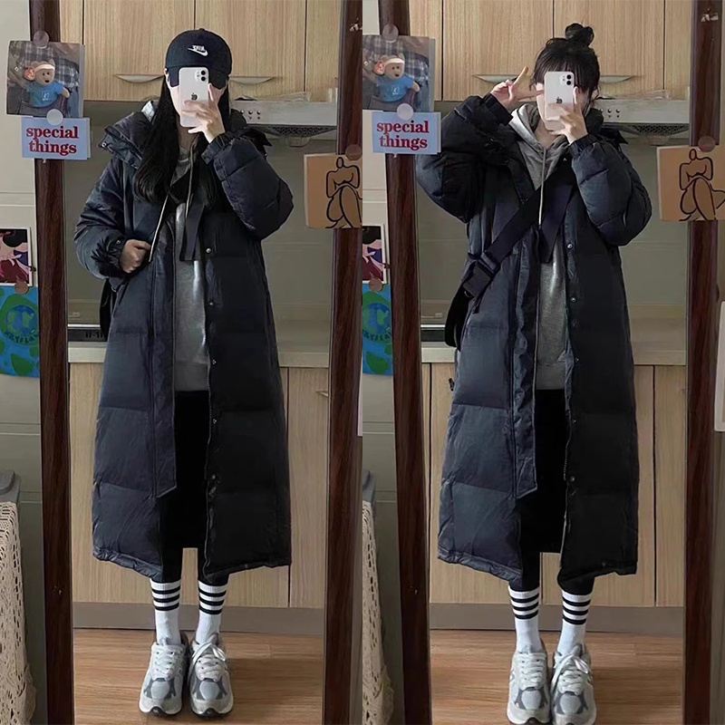 Doudoune ChicShe Zhongxi noire pour femme, extra longue, au-dessus du genou, épaisse, coupe ample, capuche amovible, nouveau modèle 2024._voghion.com