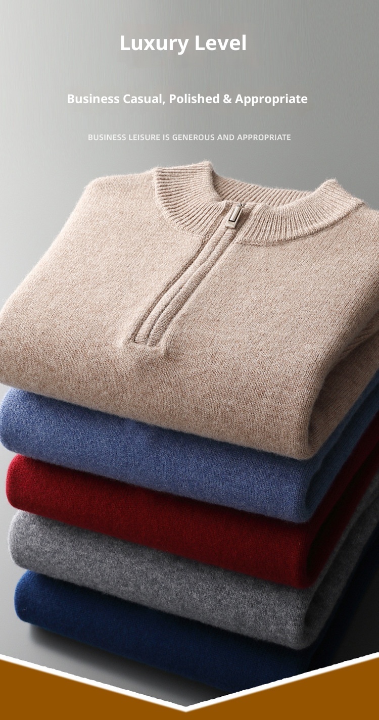 1 100% Wool Sweater For Men, Half Turtleneck, Zipper, Thickened Base Sweater, Autumn Winter Business Casual Solid Color_voghion.com