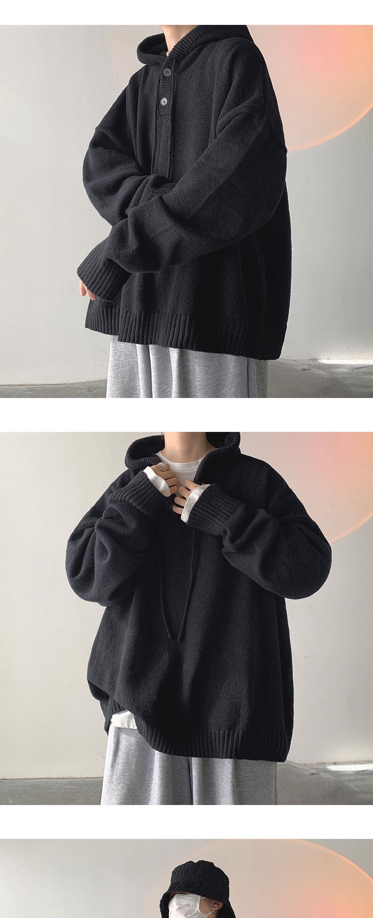 1 Hooded Turtleneck Sweater Men, Loose Fit, Lazy Style, Autumn And Winter, Japanese Retro Thick Knitted Cardigan For_voghion.com
