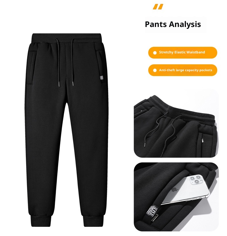 001 Fleece-Lined Thickened Lamb Wool Sports Suit For Men, Casual Stand Collar Sweatshirt, Running Nine-Point Long Pants,_voghion.com