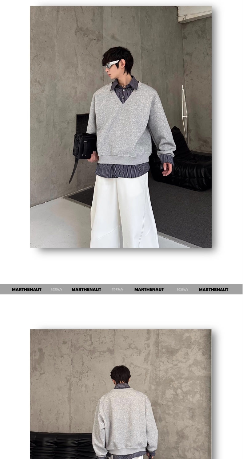 boy Boy Autumn Winter Niche Design Two-Piece Patchwork Sweatshirt Men's Korean Style Solid Color Versatile Loose Top_voghion.com