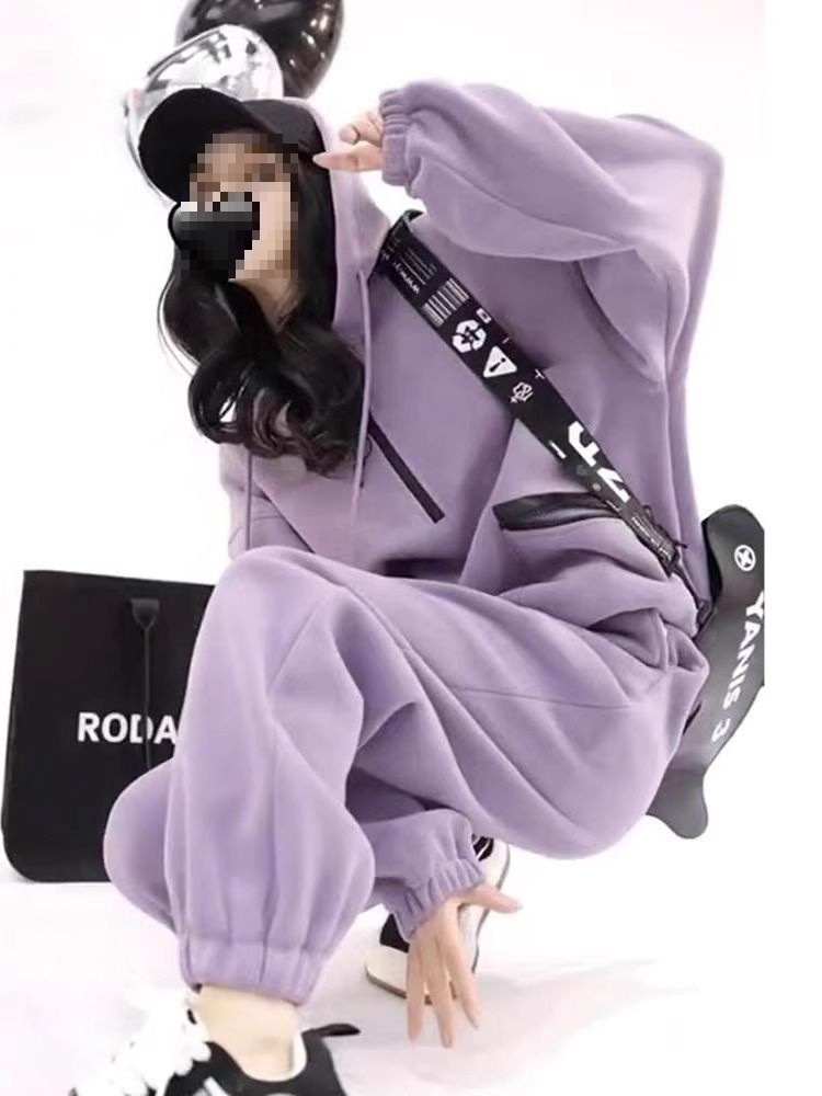 001 Purple Tracksuit Women, Autumn Winter New Loose Slimming Sweatshirt And Sweatpants, Fashionable Casual Two-Piece Set For_voghion.com