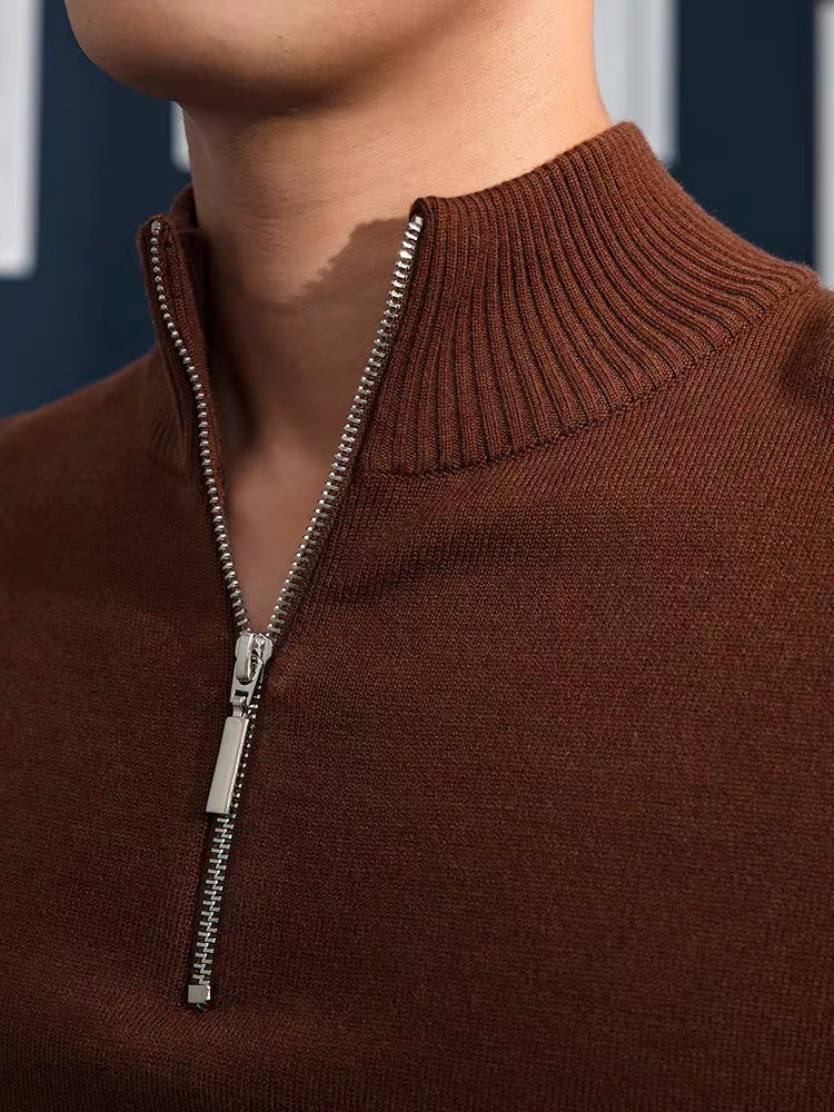 Neuer Herrenpullover für Frühling und Herbst, langärmelig, lässig, mit Stehkragen, halbem Reißverschluss, schmal geschnitten, Strickmode, figurschmeichelnd_voghion.com