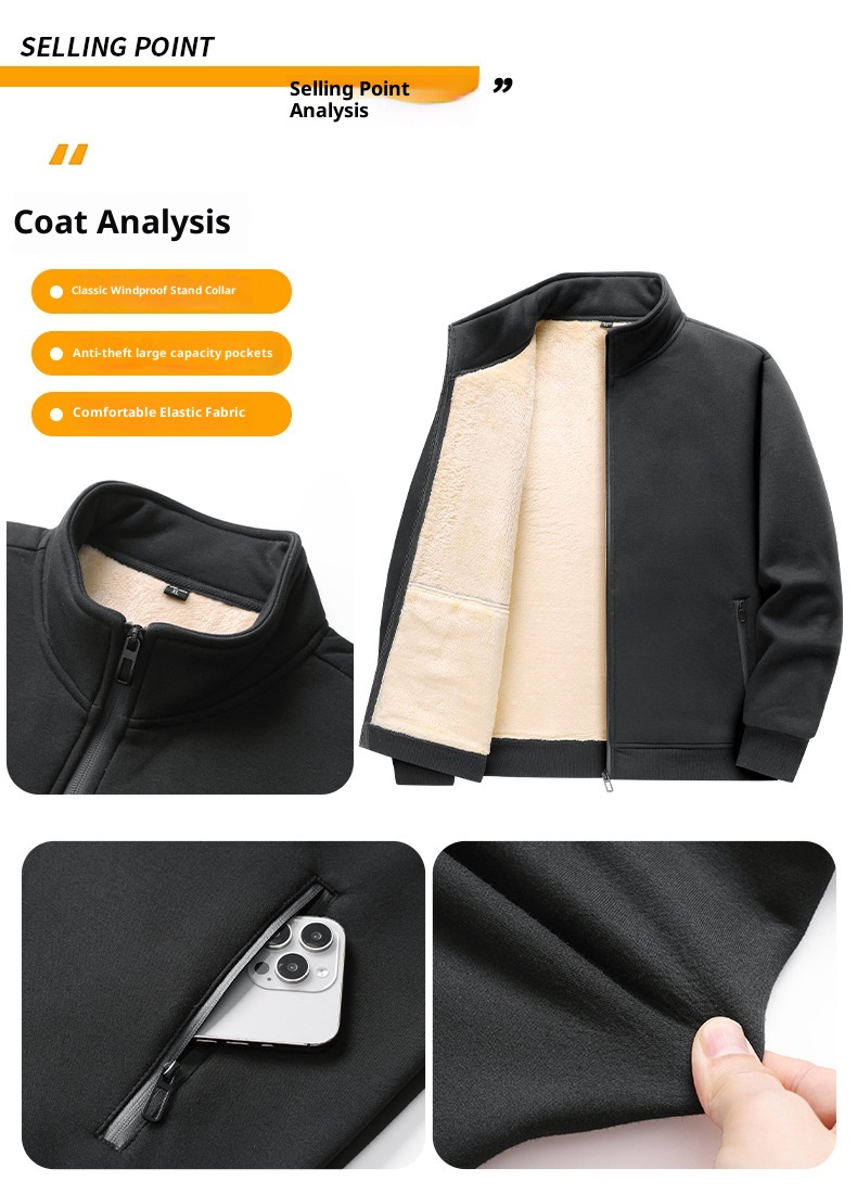 001 Fleece-Lined Thickened Lamb Wool Sports Suit For Men, Casual Stand Collar Sweatshirt, Running Nine-Point Long Pants,_voghion.com