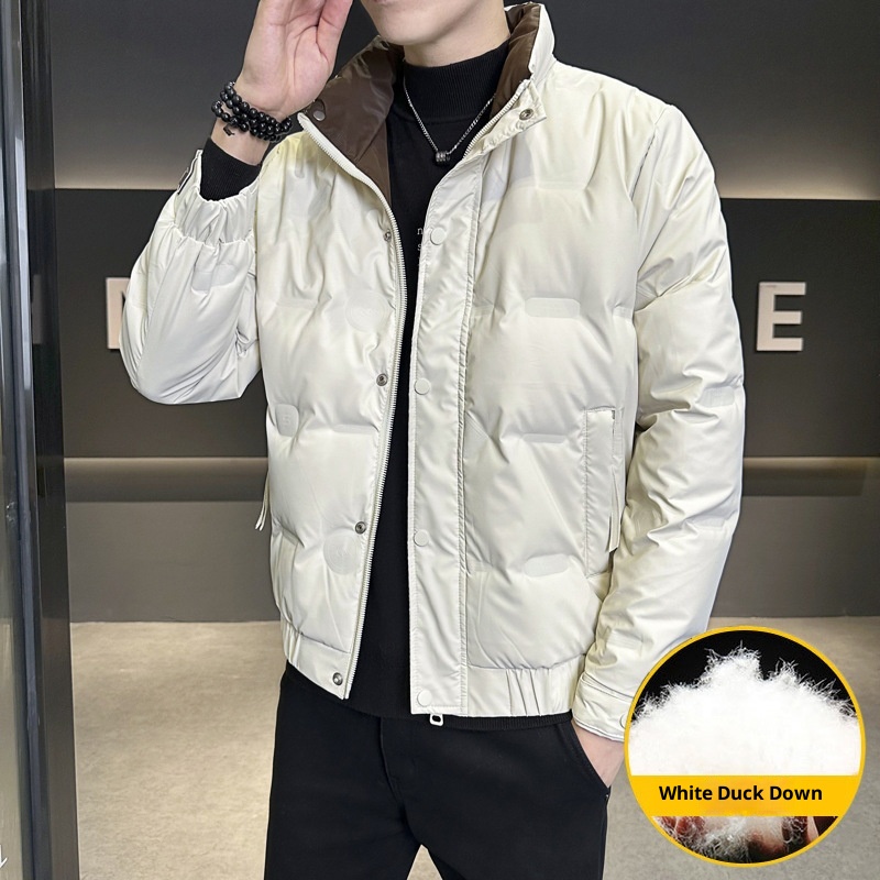 Neue, dicke, warme Winterjacke für Jungen mit Stehkragen, stylisch und lässig, weiß, mit Entendaunenfüllung – Herren-Oberbekleidung_voghion.com