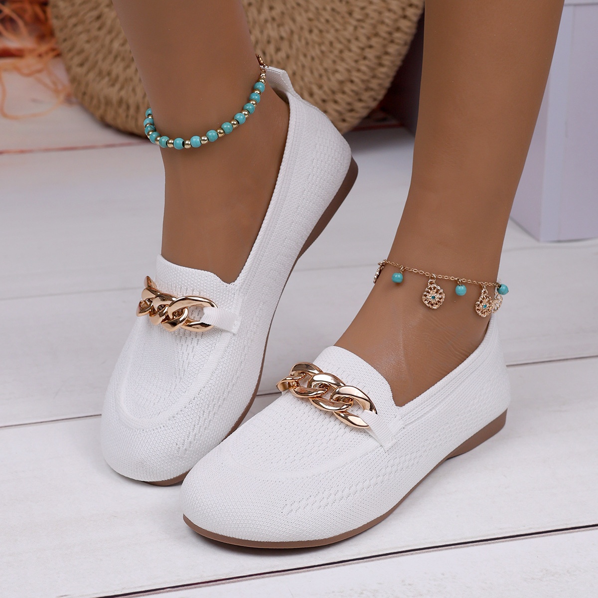 European And American Foreign Trade Large Size Chain Flat Shallow Mouth Single Shoes For Women Cross-Border Wide Toe Fly_voghion.com