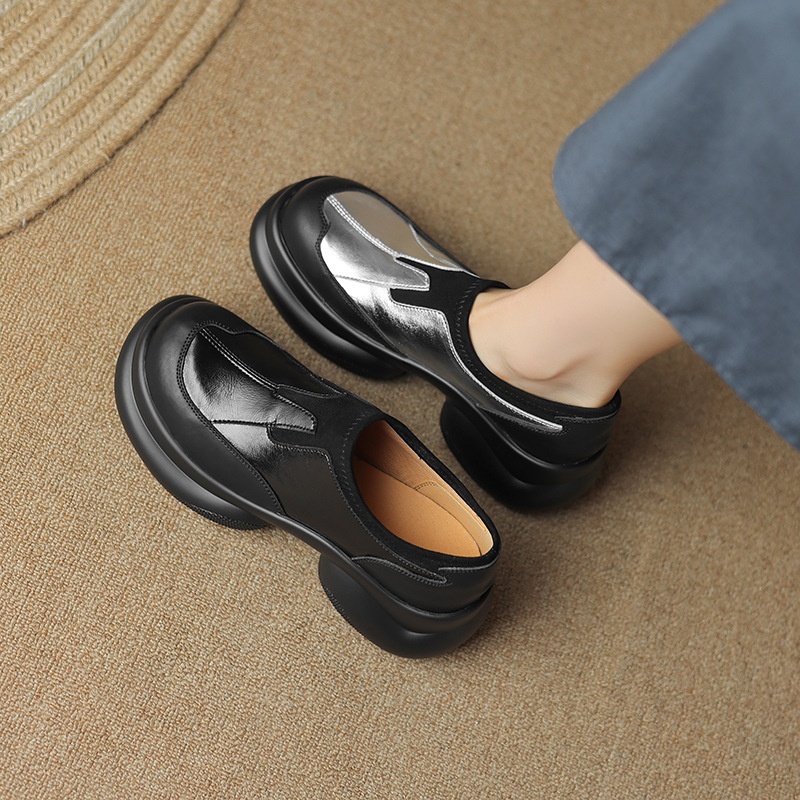 2024 Scarpe da donna in pelle con tacco alto singolo e punta tonda, mocassini con suola spessa e tacco grosso, stile britannico, primavera autunno_voghion.com