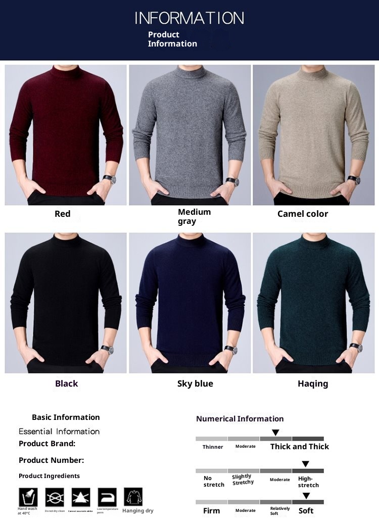 1 autentico maglione in pura lana ispessita per uomo, maglione a collo alto, strato di base per la mezza età, maglione da papà_voghion.com