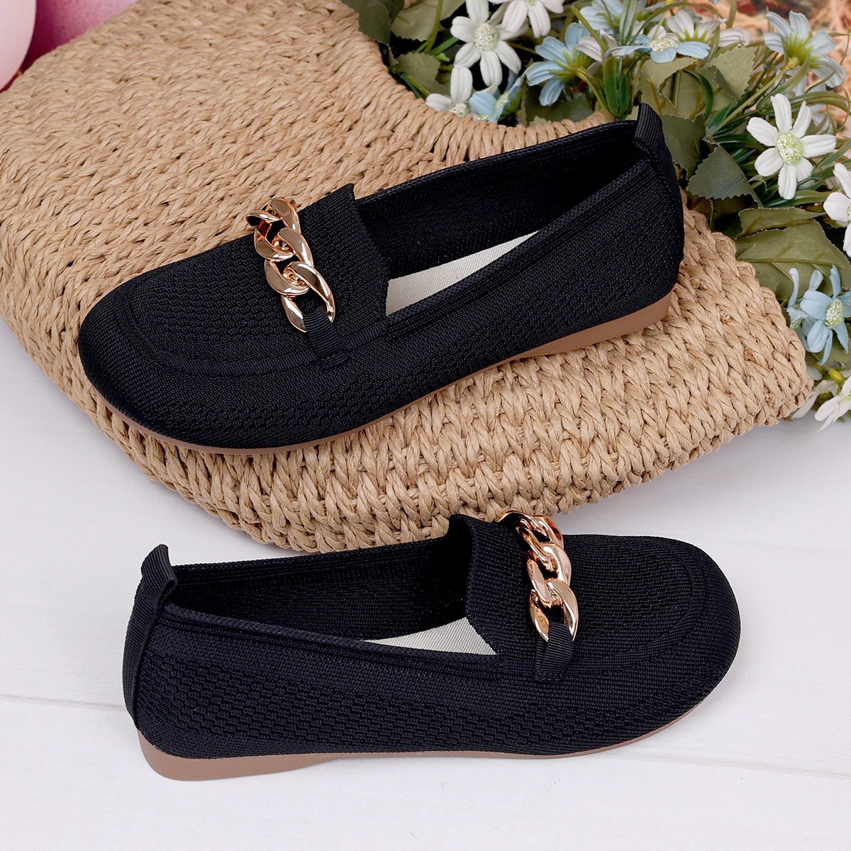 European And American Foreign Trade Large Size Chain Flat Shallow Mouth Single Shoes For Women Cross-Border Wide Toe Fly_voghion.com