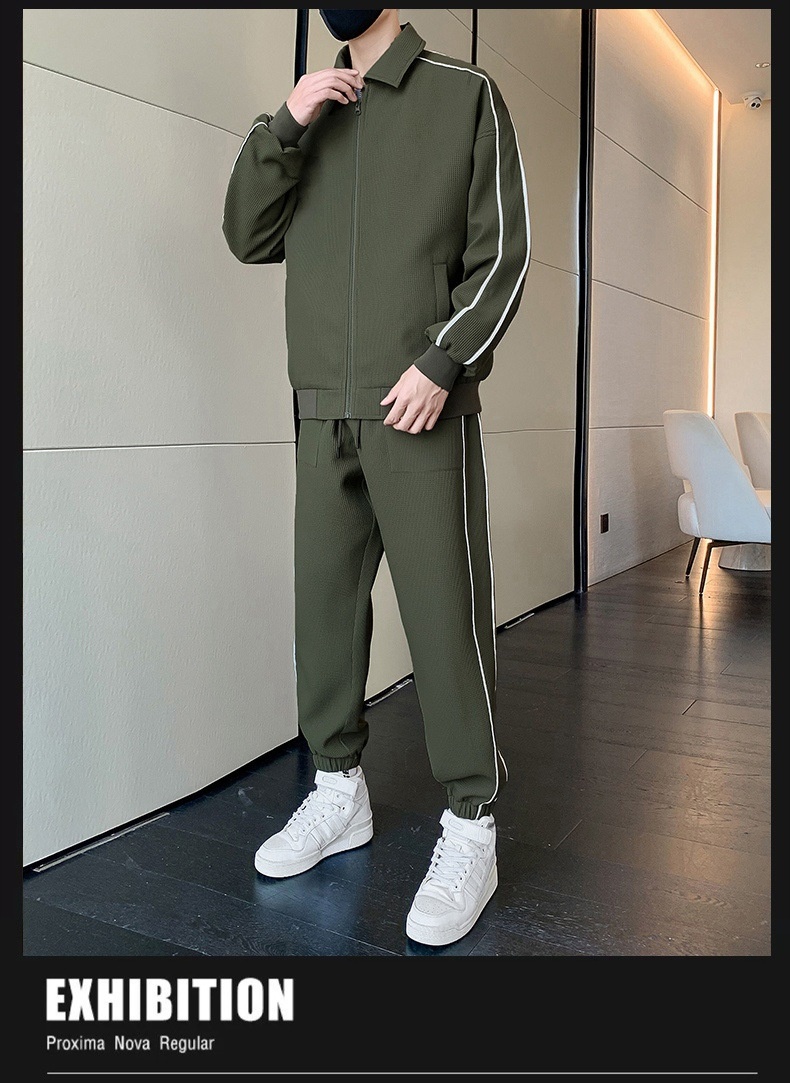 001 3D Men's Spring And Autumn Waffle Grid Casual Sports Suit Lapel Jacket Jogger Pants Two-Piece Set_voghion.com