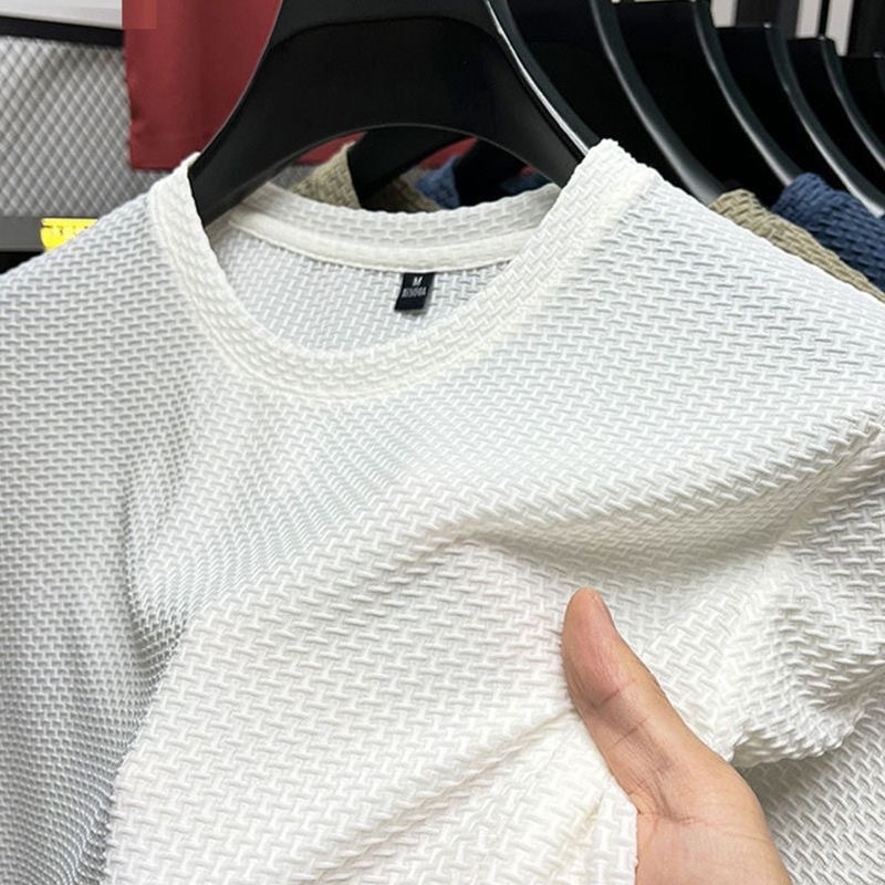 Maglietta da uomo in seta ghiacciata, manica corta, 2025, nuova estate, in jacquard di bambù, traspirante, elasticizzata, versatile_voghion.com