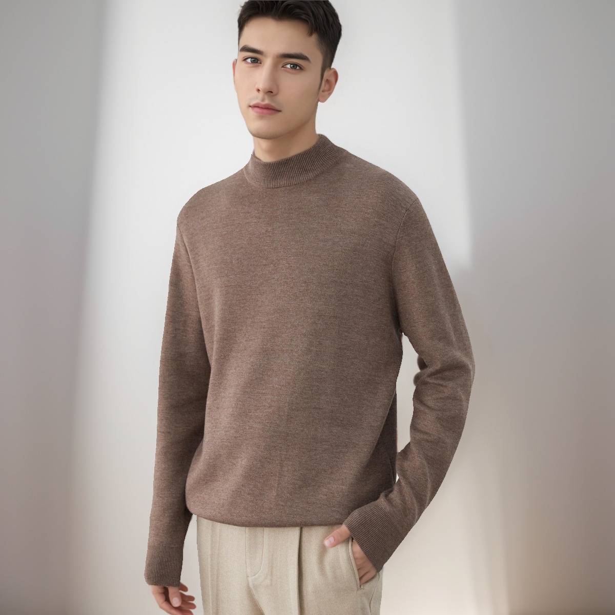 1 Maglione da uomo tinta unita 2025 Autunno Inverno Nuovo foderato in pile ispessito caldo collo medio maglietta base nera top alla moda_voghion.com