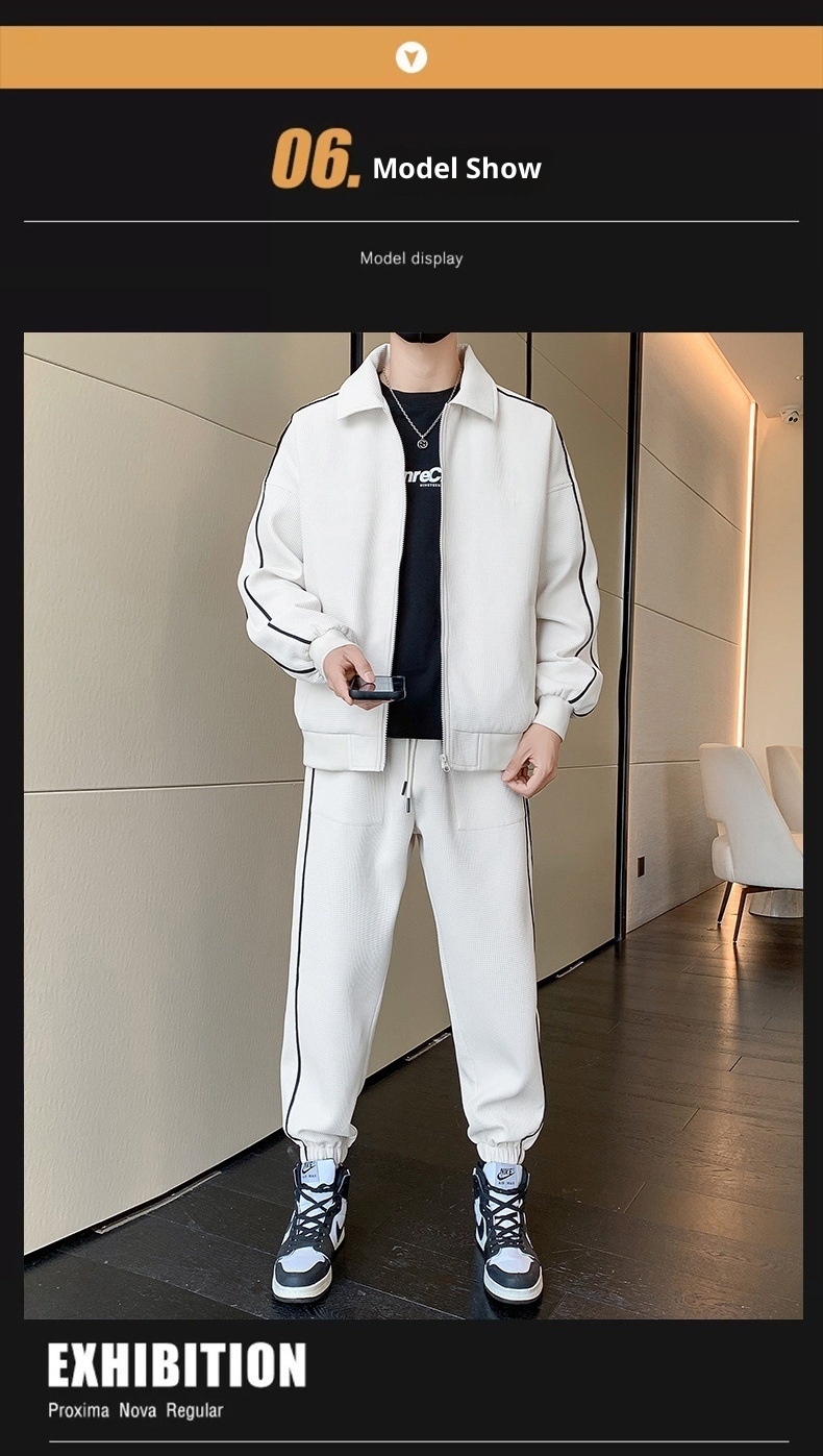001 3D Men's Spring And Autumn Waffle Grid Casual Sports Suit Lapel Jacket Jogger Pants Two-Piece Set_voghion.com