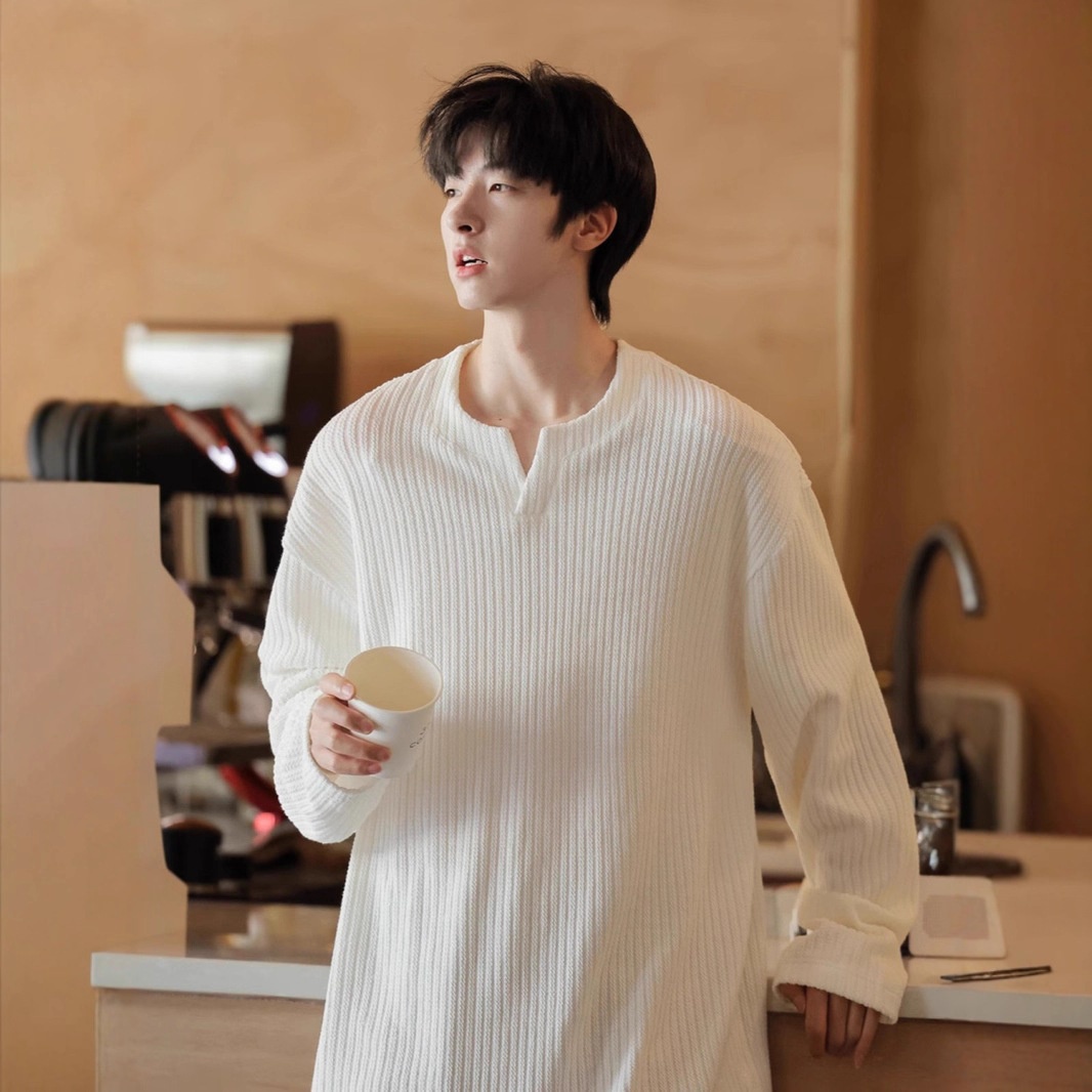 Maglietta a maniche lunghe con scollo a V e trama piccola per uomo, 2025, nuova base interna in stile coreano, stile allentato e pigro, primavera e autunno_voghion.com