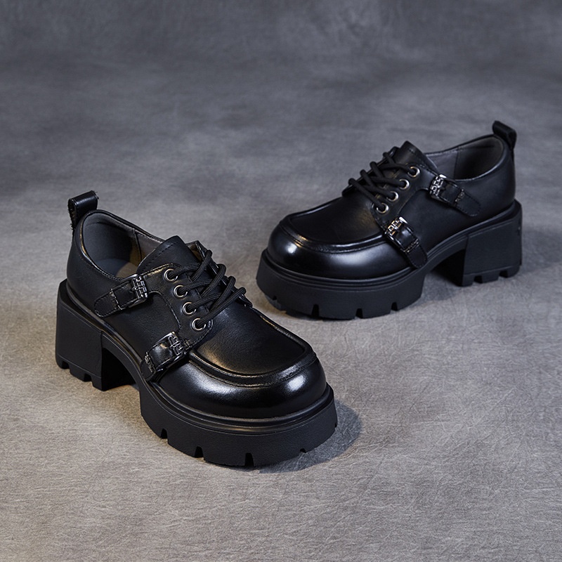 Mocassini JK con tacco alto, stile britannico, nuovi, con fibbia e lacci, suola spessa, autentici, primavera e autunno 2024_voghion.com