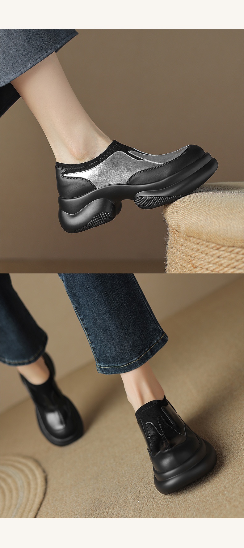 2024 Scarpe da donna in pelle con tacco alto singolo e punta tonda, mocassini con suola spessa e tacco grosso, stile britannico, primavera autunno_voghion.com