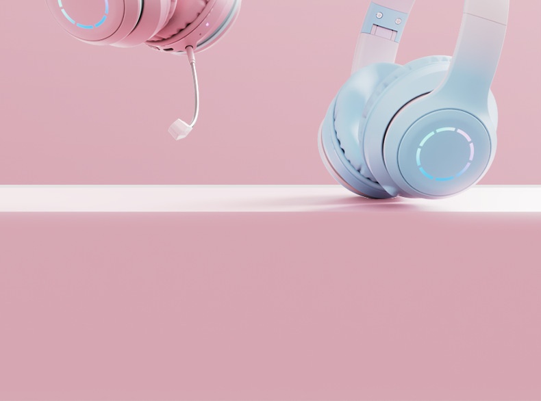 Auriculares inalámbricos Bluetooth 3c con orejas de gato, ideales para juegos, con luz, diseño degradado de color, compatibles con teléfono y ordenador._voghion.com