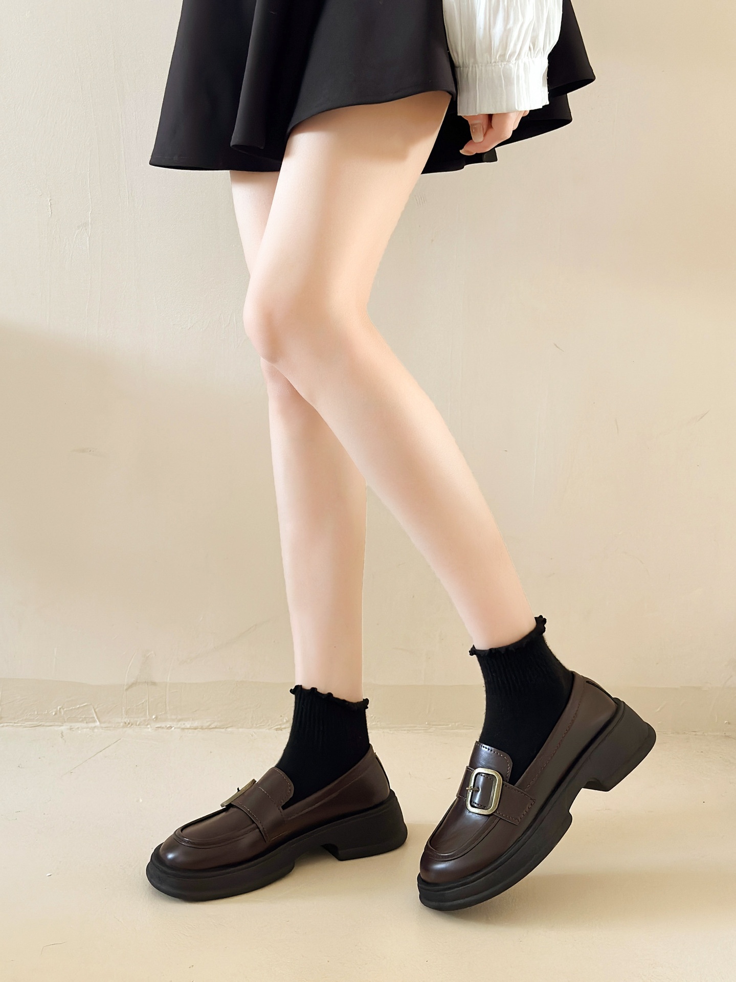 Herfst Nieuwe Zwarte Leren Instappers Voor Dames Dikke Zolen Mary Jane Schoenen_voghion.com