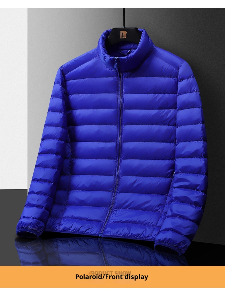 boy Stand Collar Hooded Jacket For Men, Lightweight Autumn And Thin Warm Clothing, Off-Season Winter Wear, White Duck Down_voghion.com