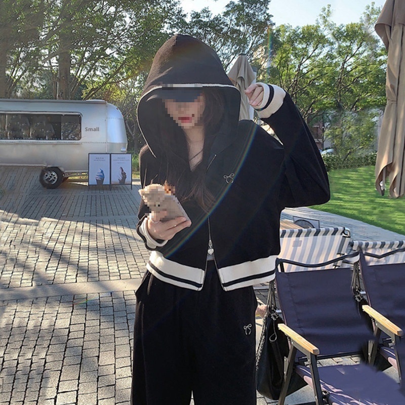 001 Modieus sportpak voor dames, lente en herfst, Koreaanse stijl, losse hoodie met capuchon, casual tweedelig setje_voghion.com