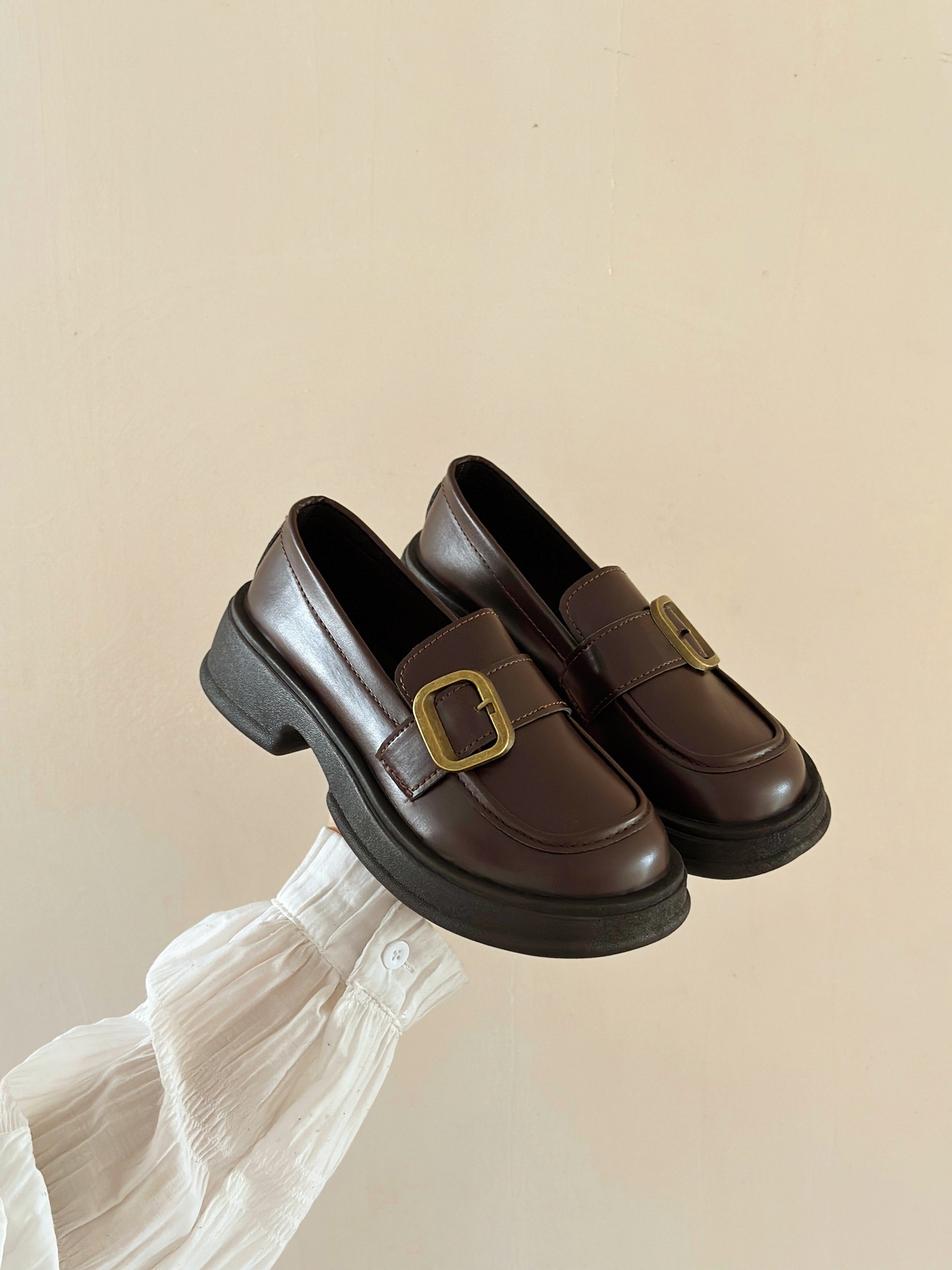 Herfst Nieuwe Zwarte Leren Instappers Voor Dames Dikke Zolen Mary Jane Schoenen_voghion.com