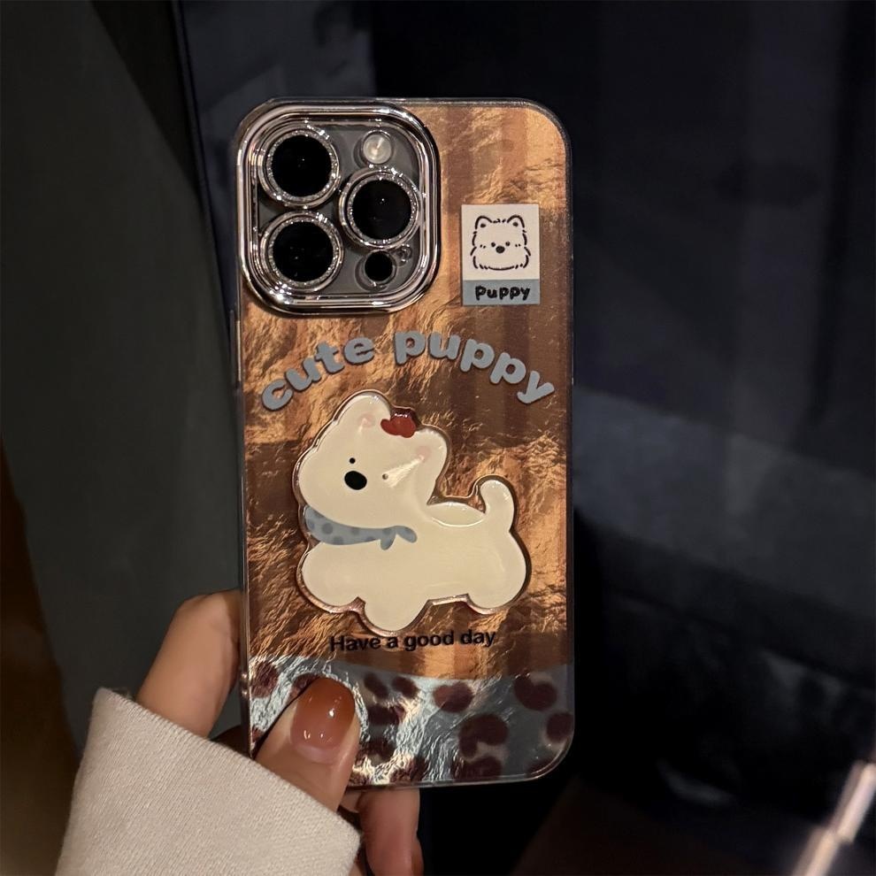 Étui TechGlobe compatible iPhone 16, iPhone 15 Pro Max, coutures apparentes, West Highland, cordon imprimé léopard, paillettes rétro._voghion.com