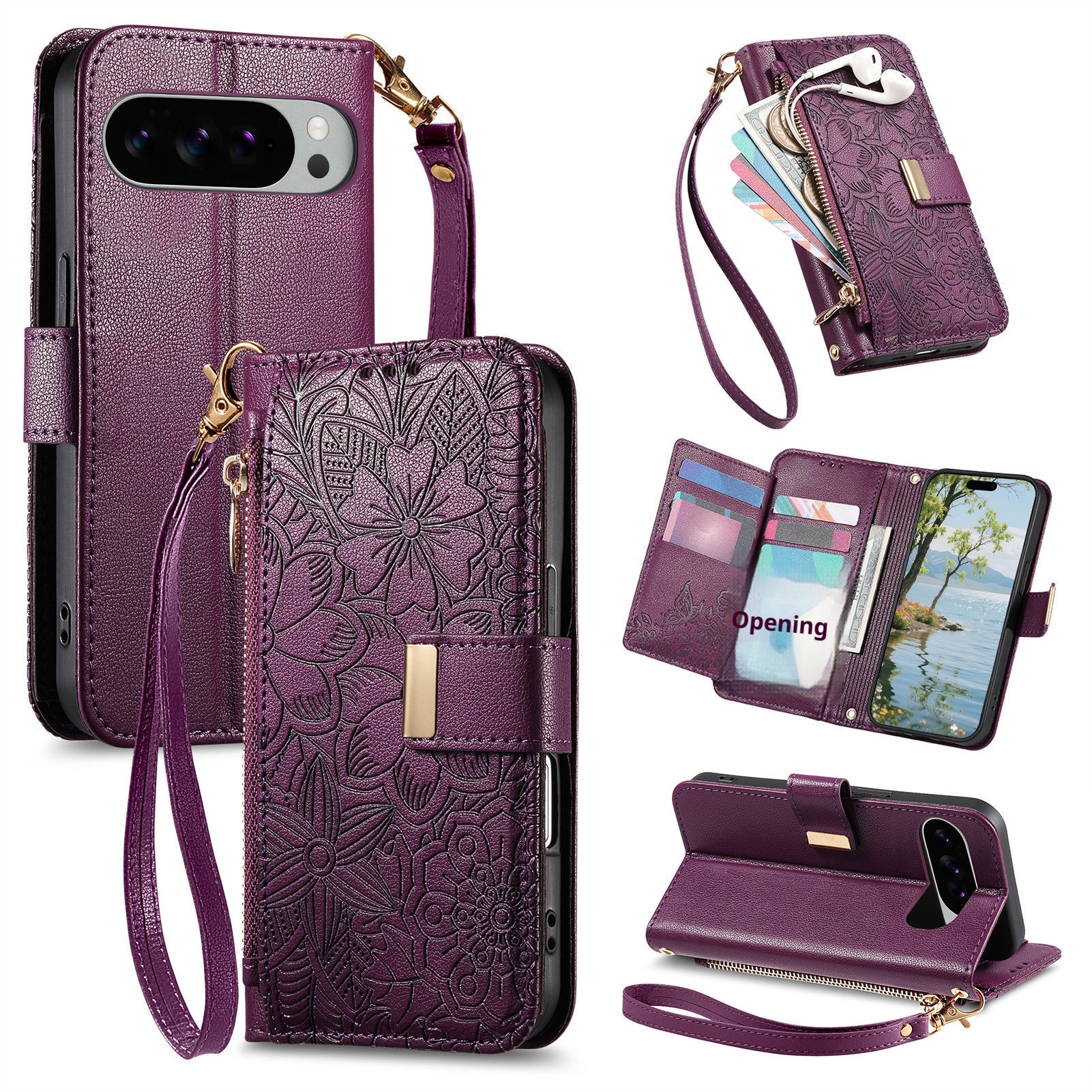 TechGlobe Compatible With Google 10ProXL Flip Leather Pixel9 Card Holder Zipper 9A Long Lanyard Phone Case_voghion.com