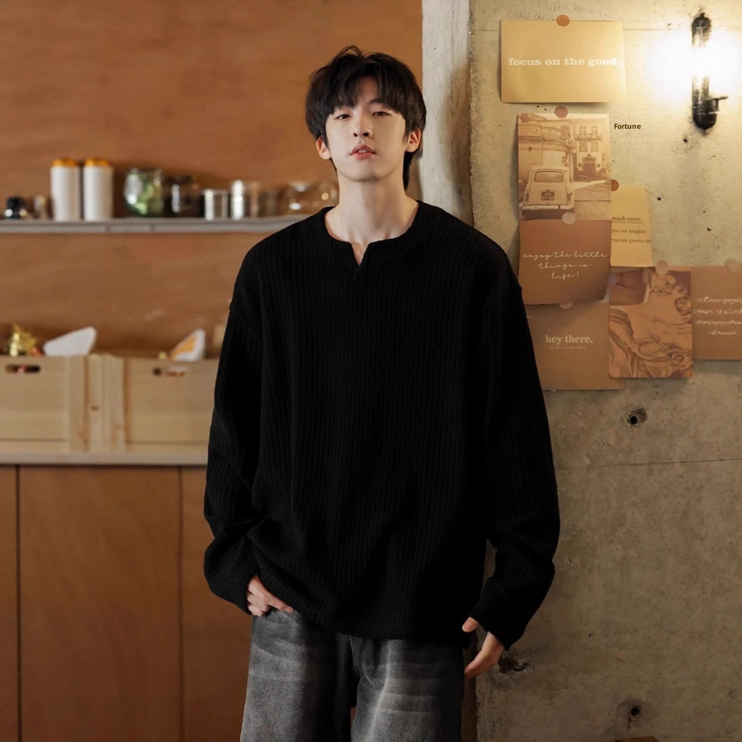 Maglietta a maniche lunghe con scollo a V e trama piccola per uomo, 2025, nuova base interna in stile coreano, stile allentato e pigro, primavera e autunno_voghion.com