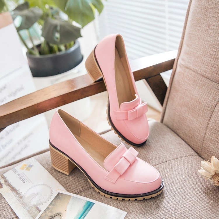 Mocassins com laço, bico redondo, abertura rasa, modelo único, salto médio, estilo europeu e americano, tamanho grande, para mulheres._voghion.com