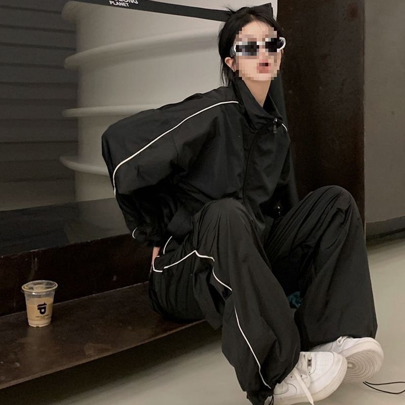 001 Black Tracksuit For Women, Autumn Trendy American Style Casual Loose Slimming Jacket And Wide-Leg Pants Two-Piece Set_voghion.com