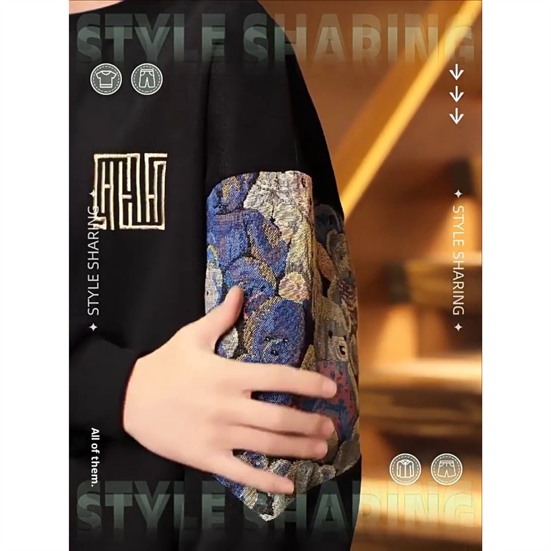 boy Embroidered Chinese Style Sweatshirt Long Sleeve T-Shirt Men's Spring Autumn 2023 New Pullover Trendy Brand Crew Neck_voghion.com