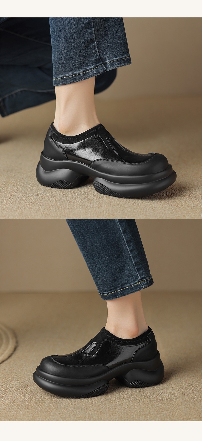 2024 Scarpe da donna in pelle con tacco alto singolo e punta tonda, mocassini con suola spessa e tacco grosso, stile britannico, primavera autunno_voghion.com